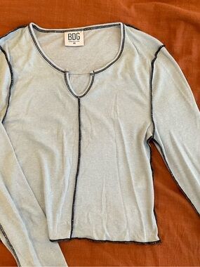 BDG Pale Blue Ribbed Long Sleeve Top with Black Contrast Stitching